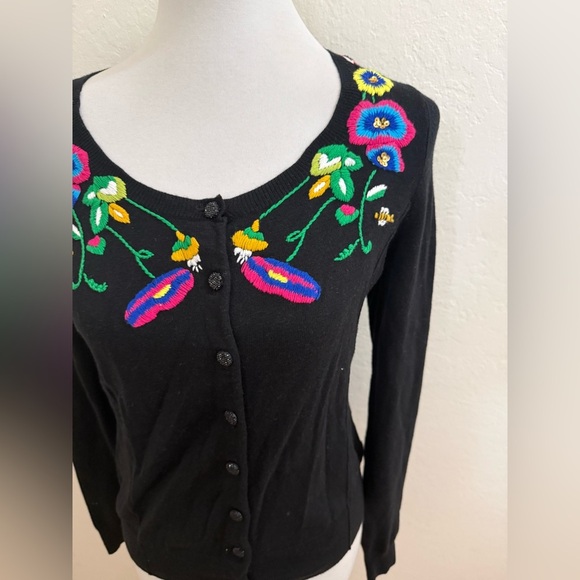 Anthropologie HWR Monogram Black Cardigan with Colorful Floral Embroidery - Picture 4 of 5